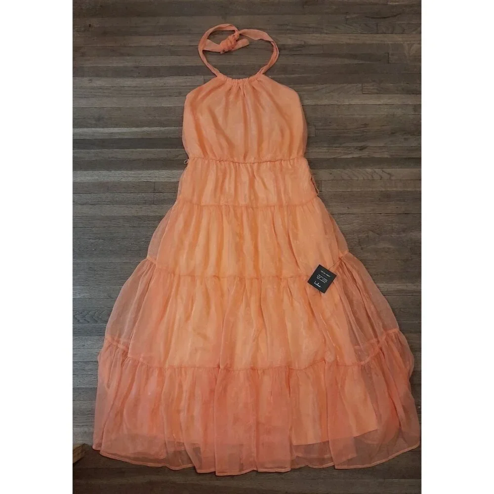 New Lulus Tiers to Style Orange Tiered Halter Maxi Dress Size L - Picture 5 of 11